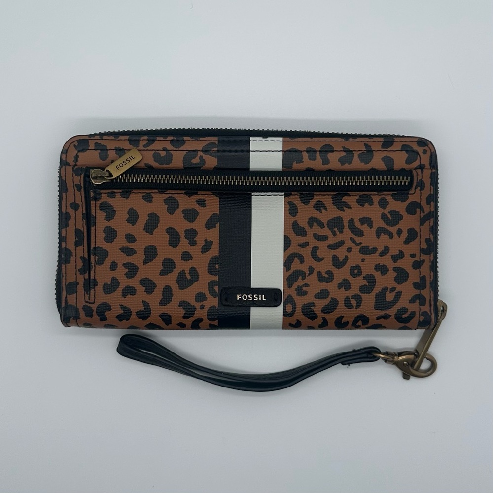 Fossil Brown Leopard Print Wallet with Black and White Stripes